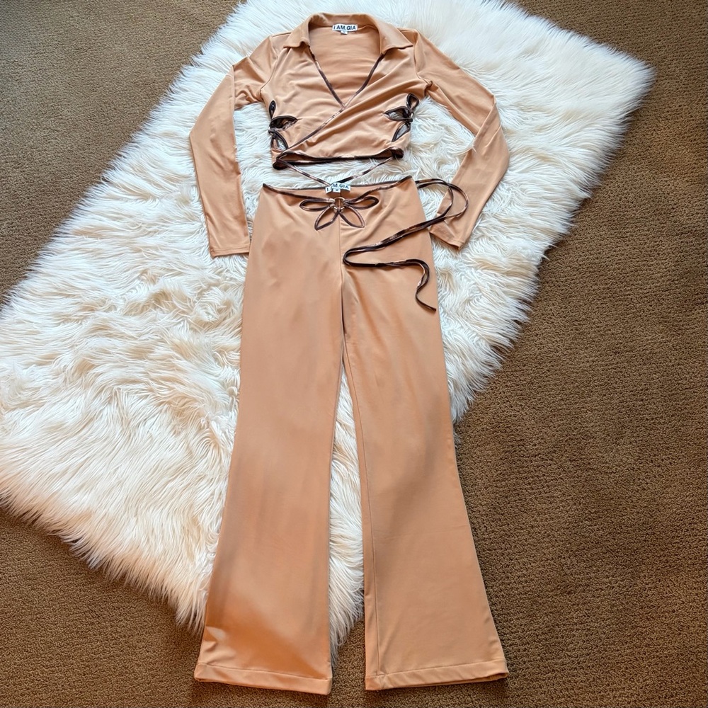 I.AM.GIA Renalee Cutout Long Sleeve Crop Wrap Top Flare Bottom Set S/M